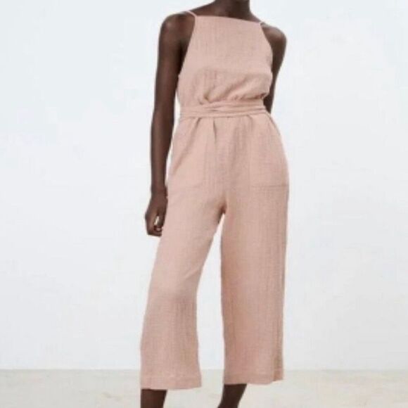 Zara Gauze Cotton Peach Backless Jumpsuit Waist Tie Spaghetti Straps Pockets Sz - Picture 7 of 7
